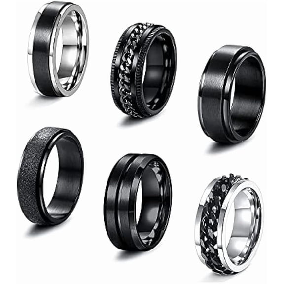 6 Pcs 6/8 MM Black Spinner Rings for Men Women Stainless Steel Fidget Ring Anxiety Stress Relieving Cool Chain Fashion Ring Set Wedding Promise Band Rings