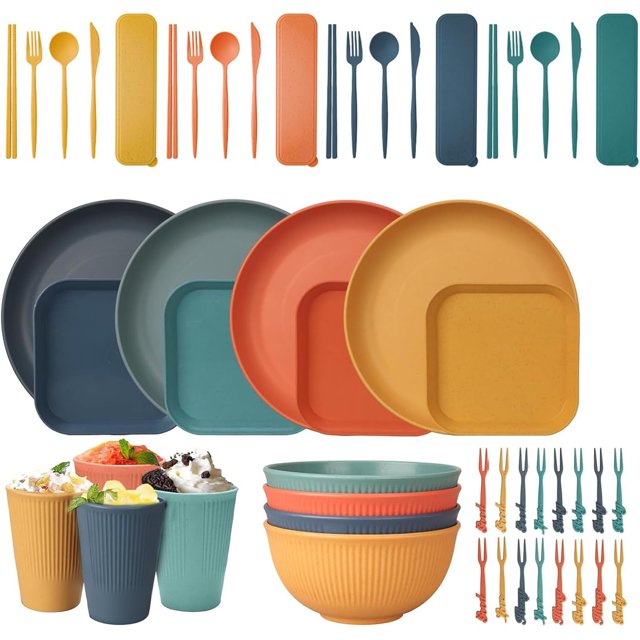 Juego de Vajilla de 52 Piezas, Cubiertos de paja de trigo, Juego para 4 cubiertos portátiles reutilizables, Tenedor, Cuchara, Plato, Palillos, Tazas, sin BPA, Apto para microondas y lavavajillas