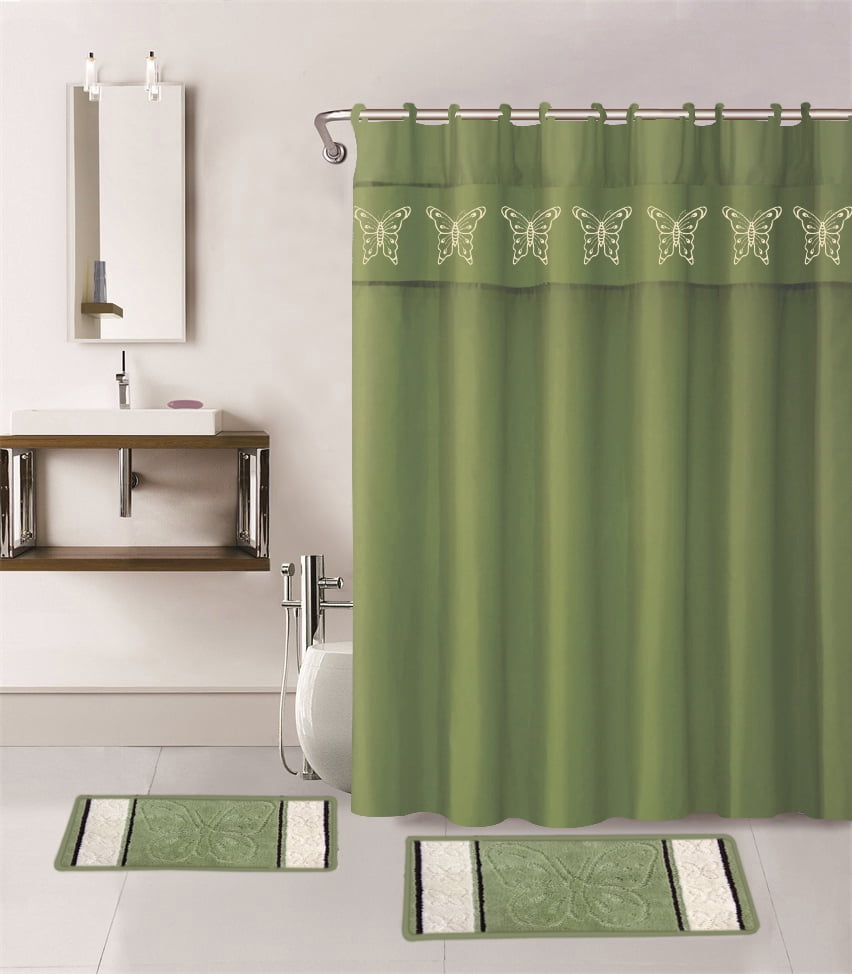 15-PIECE BATHROOM SET : 2-RUGS/MATS, 1 -FABRIC SHOWER CURTAIN, 12-FABRIC COVERED RINGS NON SLIP RUGS BUTTERFLY SAGE