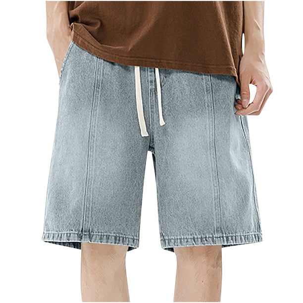 Mens Casual Pantalones Cortos Color Sólido Elástico Cintura Cordón Denim, Algodón Ligero para el Aire Libre Y Uso Diario