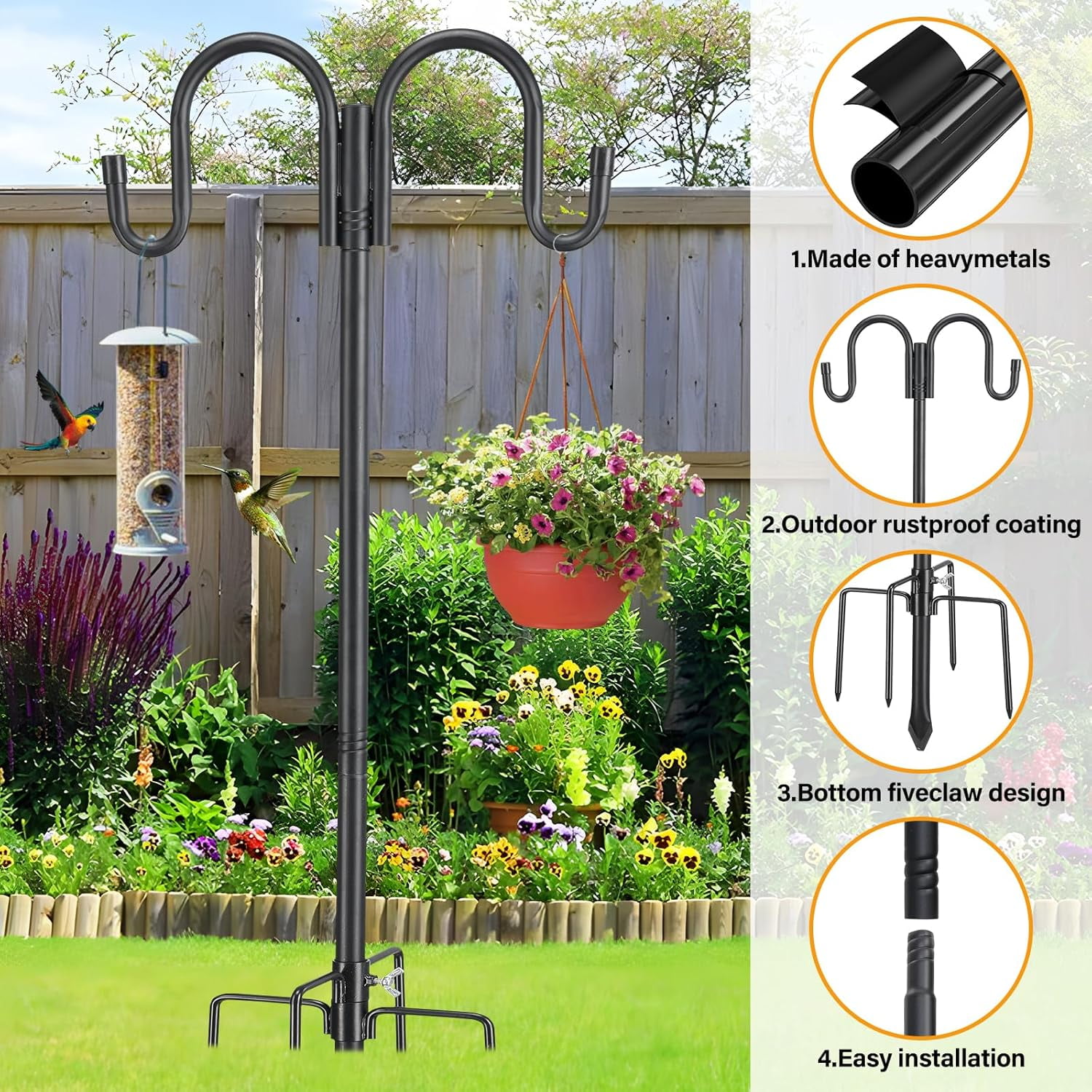 LCOKEIY 94 inch Double Shepherds Hook for Bird Feeder, Bird Feeder Poles for Outdoors