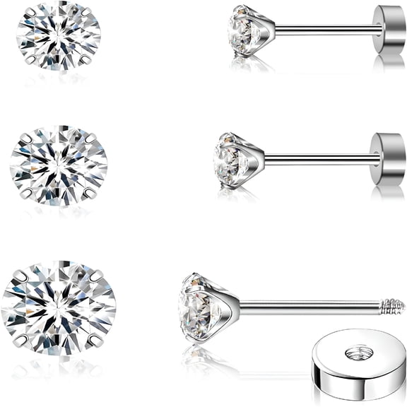 DESIGNICE 3 Pairs Flat Back Earrings for Women,Titanium Stud Flat Screw Back Earrings,Hypoallergenic Cartilage Flatback Earring,Tragus Helix Conch Piercing (3mm/4mm/5mm,Gold/Pink/Silver/Black/White)