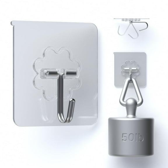 24 Packs Hooks for Hanging 50lb Wall Hooks Transparent Reusable Waterproof Adhesive Hook for Kitchen Curtain, Towel Hook for Bathrooms, Heavy Duty Self Coat Hook for Walls No Damage