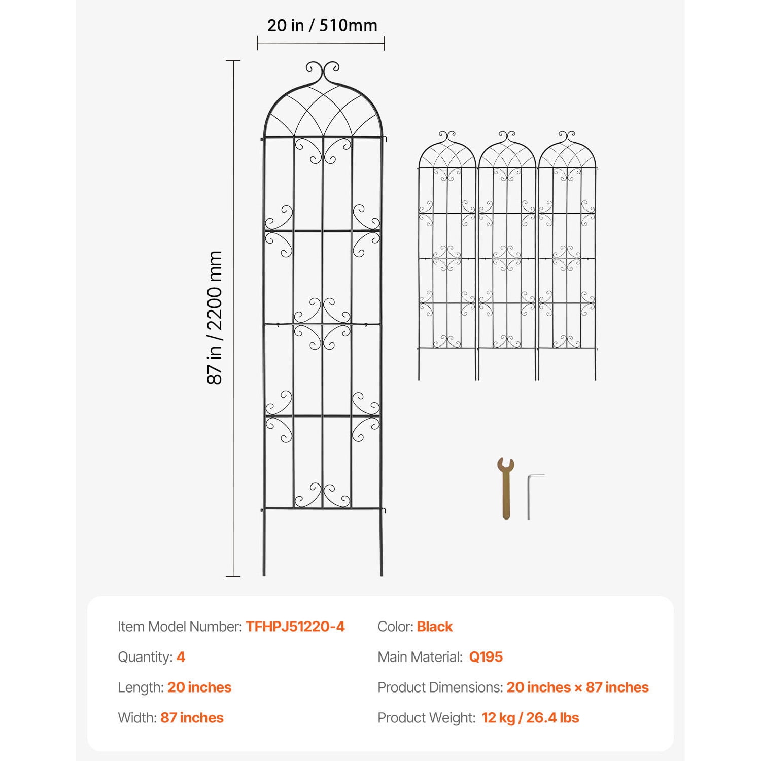 VEVOR Garden Trellis for Climbing Plants, 87 x 20 in, 4 Packs Rustproof Metal Garden Flower Trellis, Outdoor Climbing Rose Trellis Cucumbers Support, Decorative Clematis Trellis for Courtyards Lawns