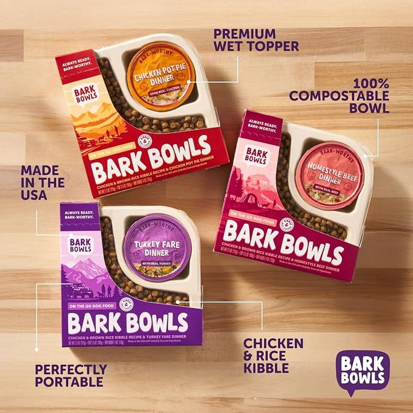 Bark Bowls On The Go Dog Food, Chicken Pot Pie Dinner, Turkey Fare Dinner & Homestyle Beef Dinner Variety Pack - 7.5 oz Tray (6 Count), Made in The USA