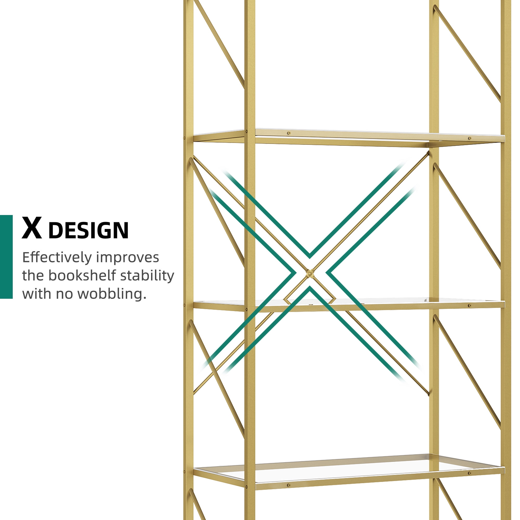 Dextrus 5-Tier Gold Bookshelf, Modern Free Standing Storage Shelf with Metal Frame,Display Shelf Storage Rack for Living Room, Acrylic and Gold Finish