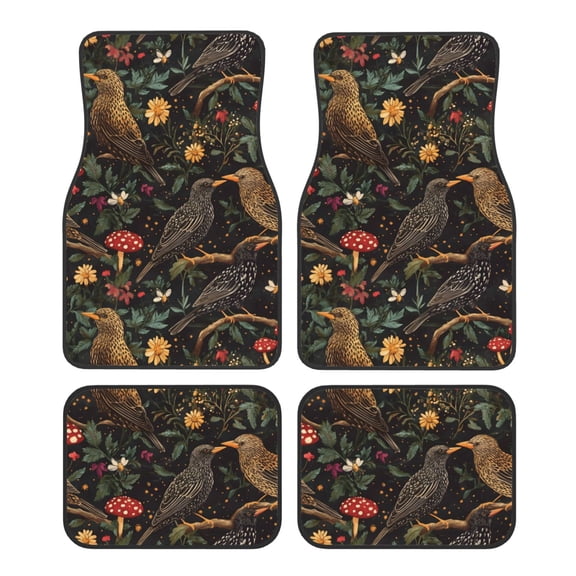 Crystal Fleece Car Floor Mats Set Of Four - Bottom Injection Molded For Easy Installation To Prevent Interior Contamination Suitable For Most Cars Cartoon European Starling Birds