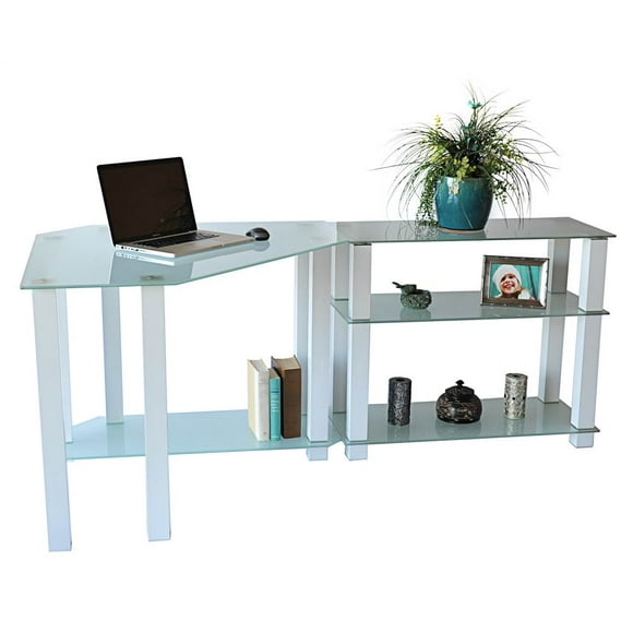 RTA Home & Office  Frosted Tempered Glass Gloss White Corner Computer Desk with Right Extention Table