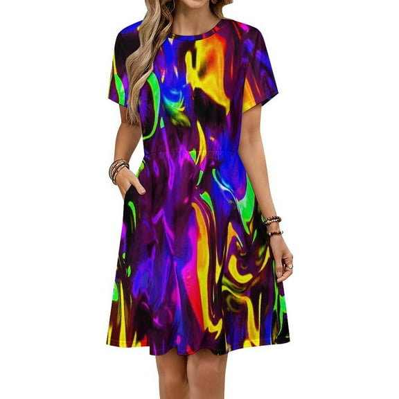 Rave Rainbow of Glow Stick Fire Sundress Short Sleeve Dress Summer Women Clothes Dress for Women Dresses
