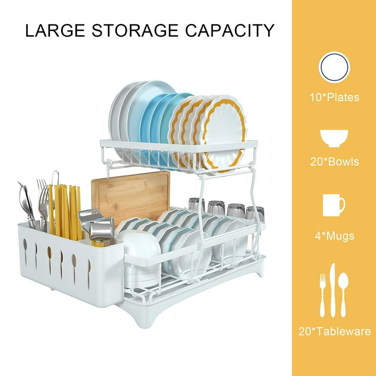 ANTJUMPER 2 Tier Stainless Steel Large Dish Drying Rack with Drain Board for Kitchen Counter Dish Drainers with Wine Glass Holder Utensil Holder and Extra Dryer Mat White Walmart