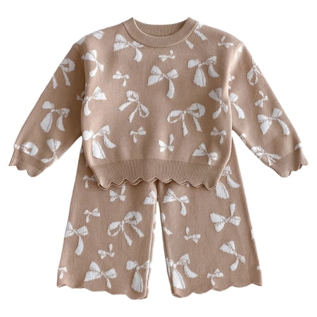 MEZZALL Baby Girls Knitted Jacquard Sweatshirt And Sweater Knitwear With Bow Detail Long Pants Two Piece Outfits Sets Toddler Kids Solid Color Breathable Clothes Sets