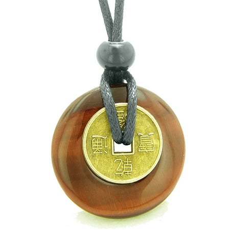 Gemstone Donuts - Antique Lucky Charm Coin Donut Protection Power Amulet Red Tiger Eye Magic Gemstone 30mm Pendant Necklace