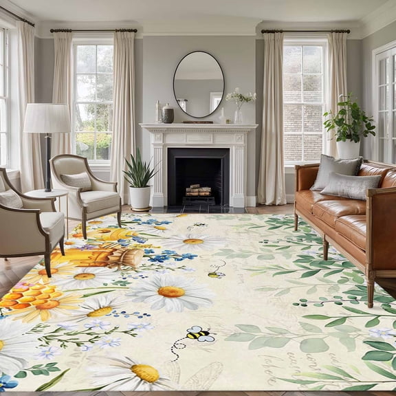 Rectangle Area Rugs 5 x 7 Ft, Daisy Spring Floral Non-Slip Residential Carpet, Farmhouse Botanical Green Leaves Indoor Crawling Mats Runner Rugs for Living Room/Dining Room/Bedroom
