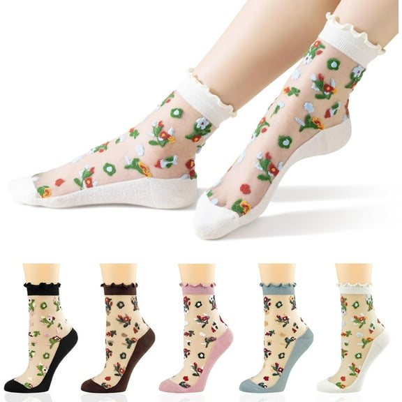 Ruffle Mesh Sheer Crew Socks, Ultrathin Floral Ankle Socks for Women, Summer Transparent Elastic Jacquard