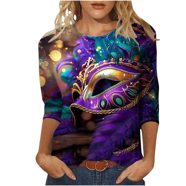 Penkiiy Blouse Carnaval pour Femmes Mardi Gras Mode Imprimée Décontractée Col Rond Manches 3/4 T-shirt Blouse S Multicolore