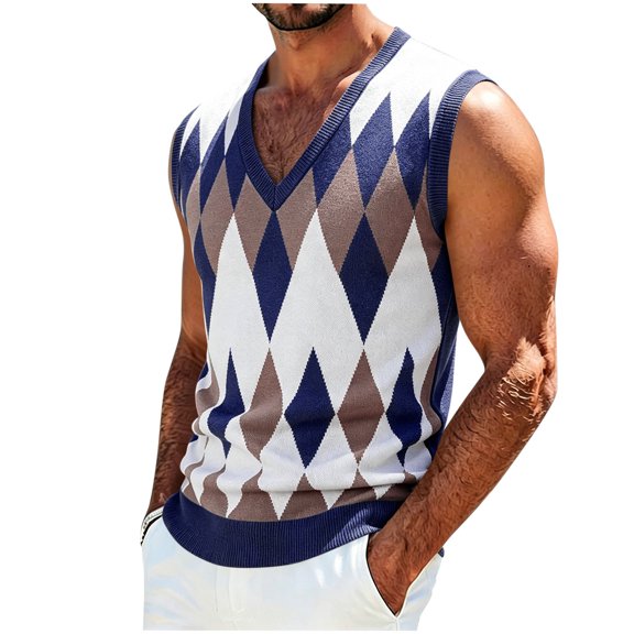 IROINNID Men's V-Neck Argyle Knit Sweater Vest Sleeveless Pullover Tank Top Casual Diamond Pattern Layering Essential for Business Office and Weekend Daily Wear