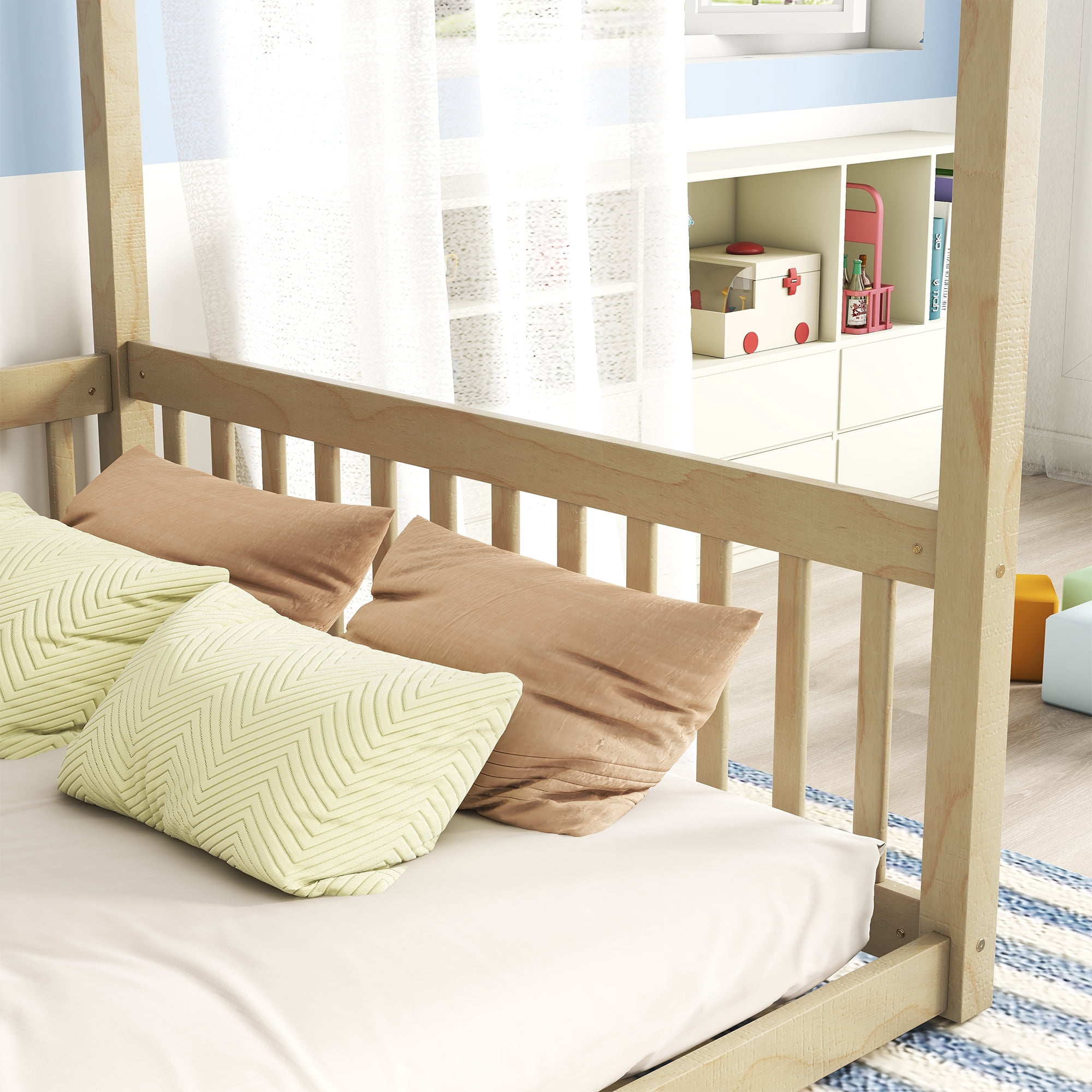 Miniyam Full Size Canopy FloorBed with Guardrails for Kids and Teens, Natural
