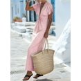 thumbnail image 4 of Women Summer V Neck Drawstring Maxi Dress Elastic Waist Flowy Vacation Dress Pink S, 4 of 8
