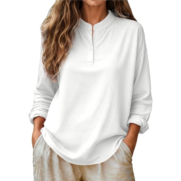 KHONTS Women's Henley Collar Long Sleeve White T Shirts Button up Classic Basic Tees Comfy Loose Fit Solid Color Tops White XL