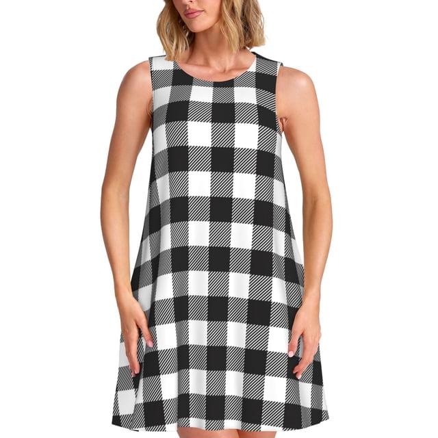 Fotbe Black White Plaid Vestido de Verano sin Mangas para Mujer – Vestido Midi Línea A, Estilo Camiseta Floral, Vestido Playero Casual y Fluido