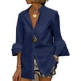 thumbnail image 1 of Innerwin Shirts Button Down Women Tops Work V Neck Plain Blouse Blue L, 1 of 2