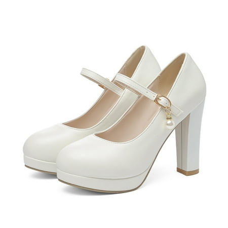 

Women‘s Platform Block High Heel Mary Janes White Round Toe Faux Pearl Decor Pumps Versatile Dress Shoes