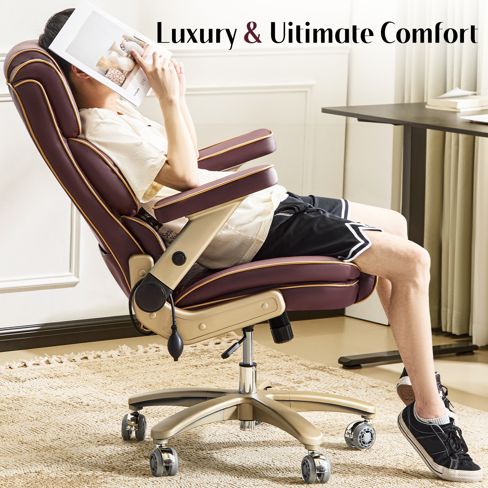Falvinoryn Big and Tall Office Chair 500LBS, Ergonomic High Back Executive Office Chair, Adjustable Lumbar Support, Flip Arms, Locking Wheels Large Computer Desk Chair, Brown