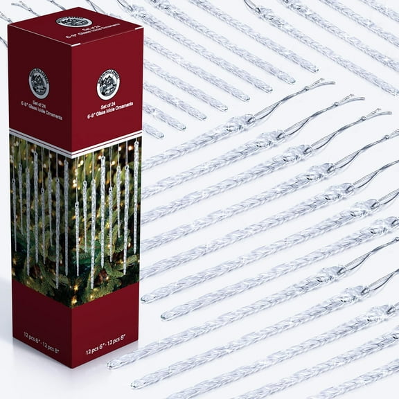 NorthPoleXpress Large Icicle Christmas Ornaments, Set of 24 Twisted Clear Glass Ornaments