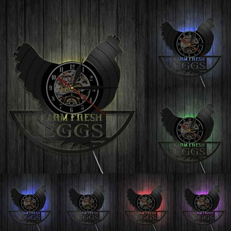 Funny Chicken Silhouette Wall Clock Farm Fresh Eggs Farmhouse Style Rooster Vintage Record Wall Clock Modern Animal Wall Decor