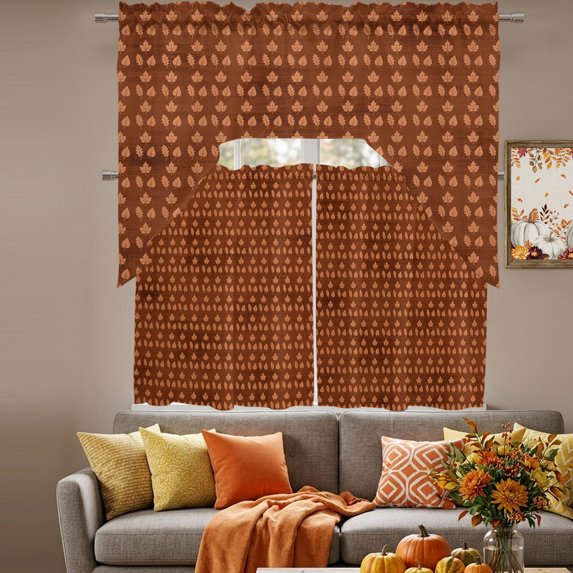 Brown Leaves Fall Swag Kitchen Curtains Sets for Windows 24 Inch Length, Thanksgiving Botanical Maple Leaves Short Window Curtain Panels Swags Valances and Tiers 3 Piece Set for Cafe/Dining Room