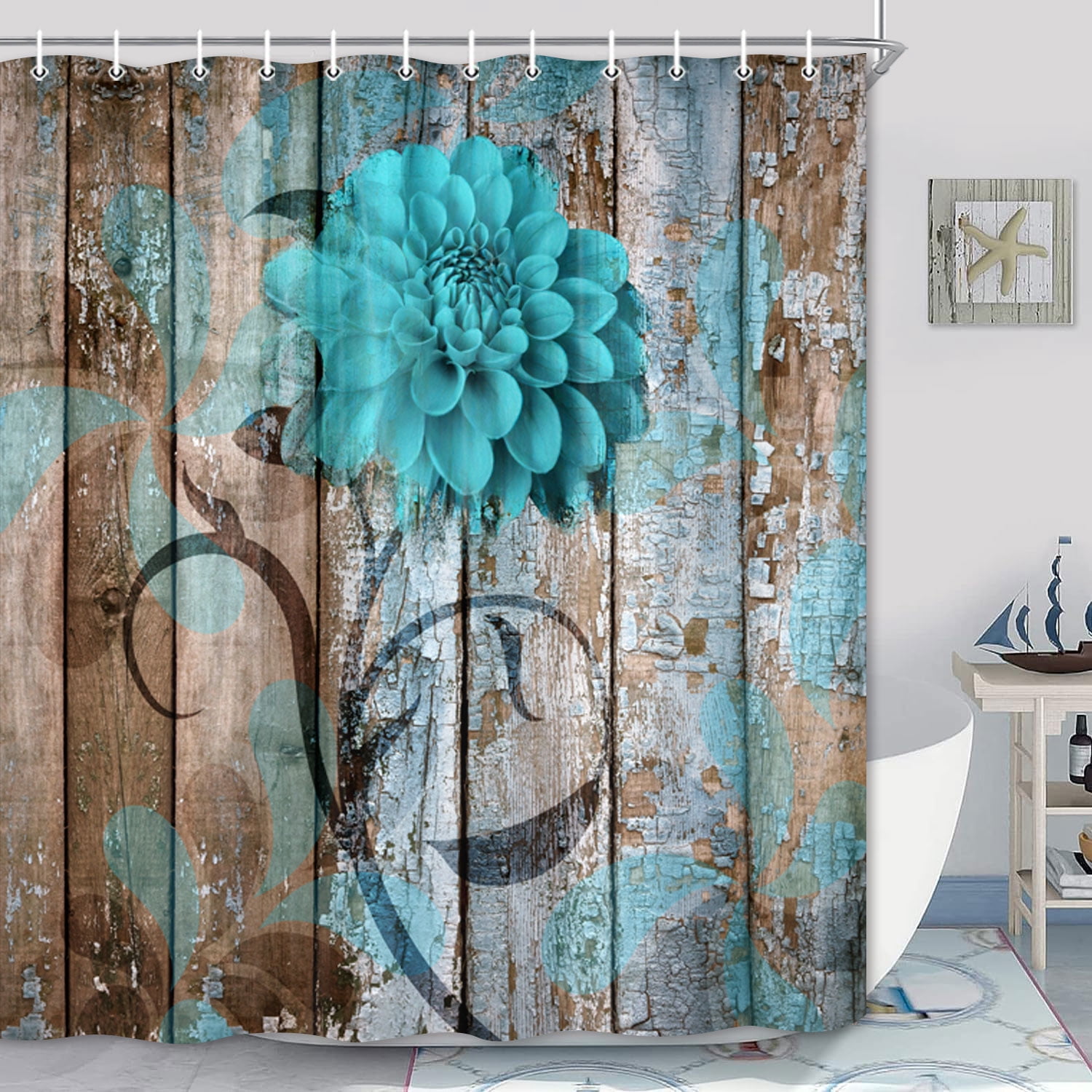 Rustic Flower Shower Curtain, Teal Floral Barn Wood Farmhouse Shower Curtain Set, Country Turquoise Blue Brown Fabric Shower Curtain with Hooks, Boho Bathroom Curtain,60X70in