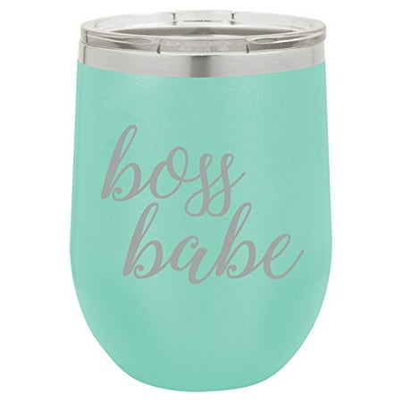 

12 oz Double Wall Vacuum Insulated Stainless Steel Stemless Wine Tumbler Glass Coffee Travel Mug With Lid Boss Babe (Teal)