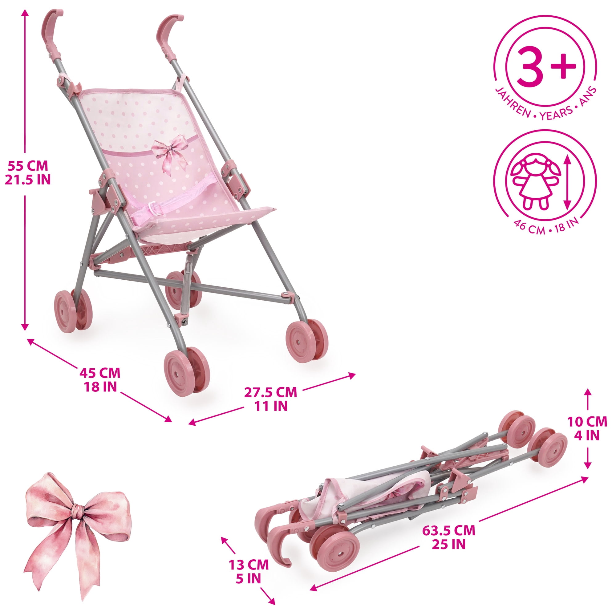 509 Crew: Bow Umbrella Doll Stroller - Pink & White, Push Buggy, Secure Safety Harness, Lightweight & Foldable, Roleplay Toy, Doll Accessory, Kids 3+