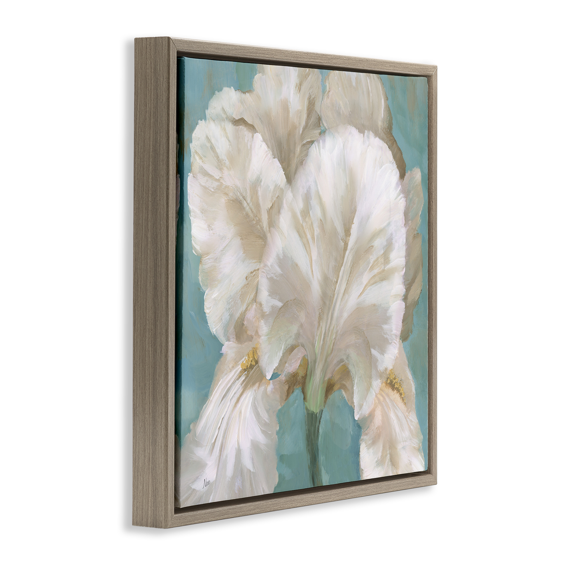 Stupell Industries White Iris on Blue Botanical & Floral Painting Brown Floater Framed Art Print Wall Art, 18 x 18