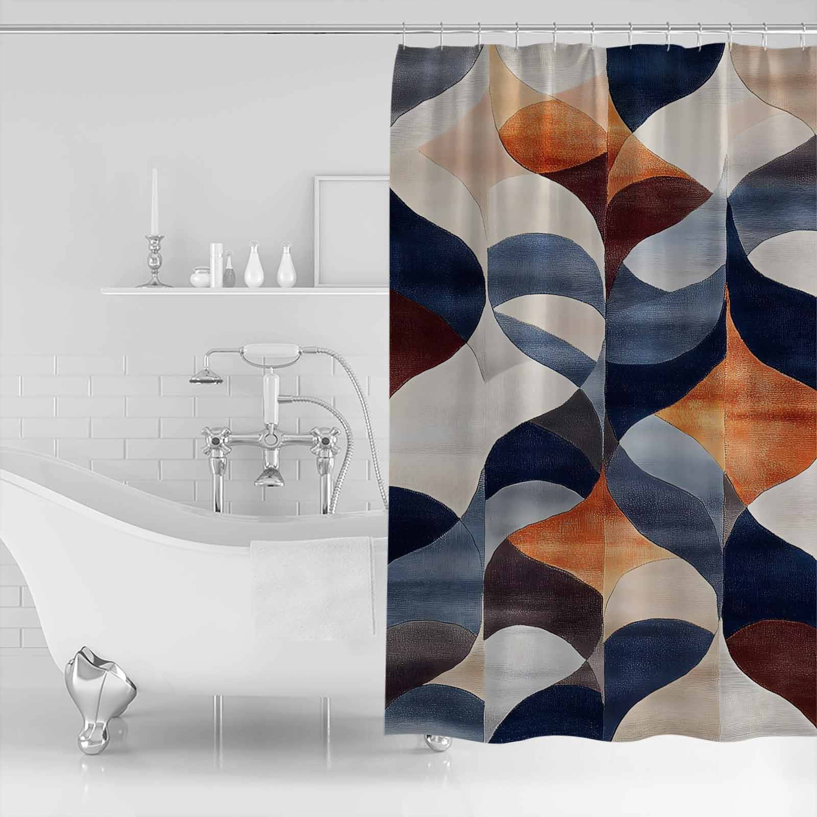 Navy Blue Burnt Orange Shower Curtains for Bathroom Waterproof Fabric Bath Curtains Decor Bath Tub Curtain Retro Geometric Abstract Decorative Shower Curtain Sets with 12 Hooks, 72x72 Inch
