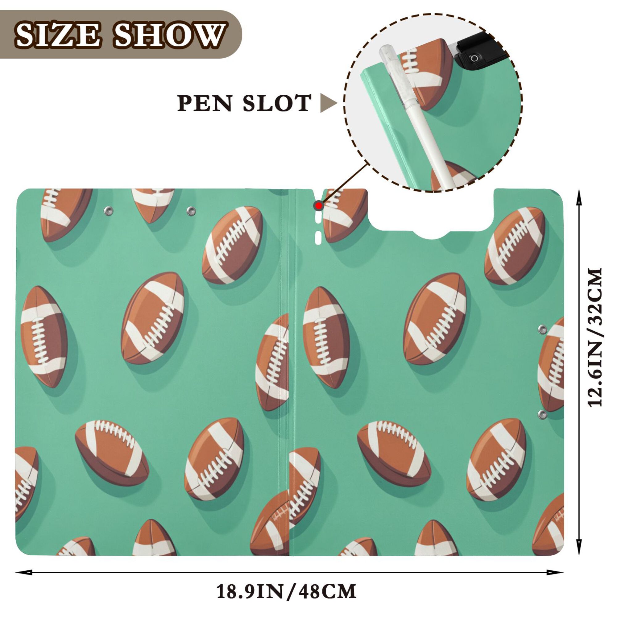 FORMRS A4 Clipboard Folder with Pen Holder Horizontal Foldable School Office Binder, Green American Footballs