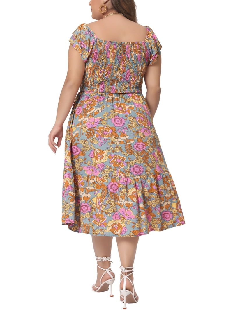 midi flattering summer dresses for plus size Agnes Orinda Women's Plus Size Dresses Square Neck Short Sleeve Smocked Flowy Summer Midi Dress 3X Grey Green, Size: 3XL