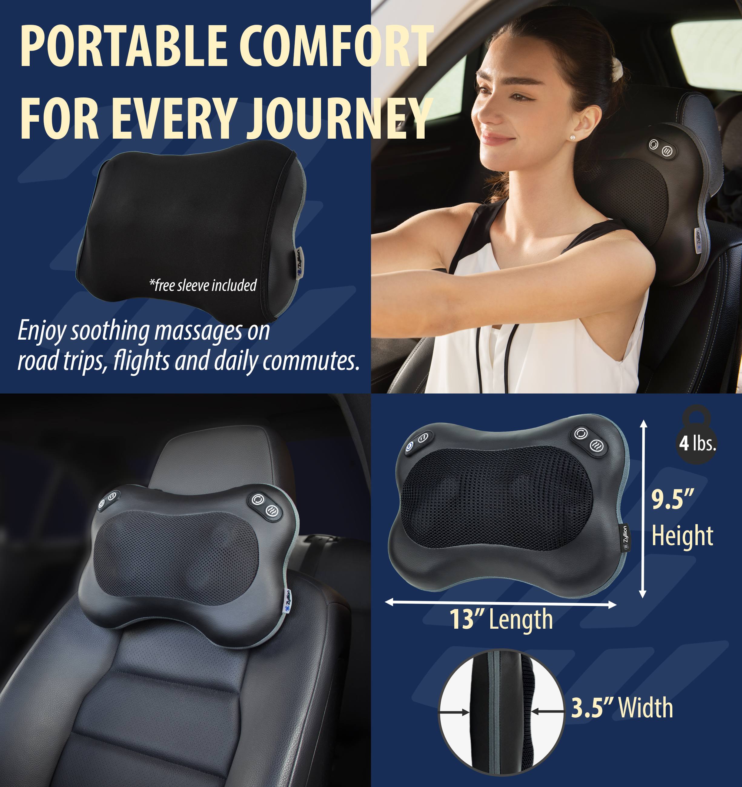 Zyllion Rechargeable Shiatsu Back & Neck Massager 3D Kneading 2-Speed Cordless Massage Pillow with Heat for Muscle Pain, Black