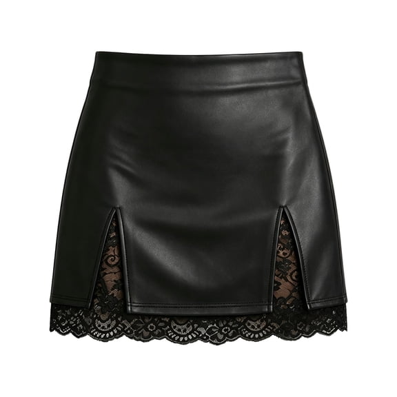 ZHOGXU Women's High Waist Mini Skirt Lace Hem Faux Leather Side Split Bodycon Skirts For Night Club,Black,XXL
