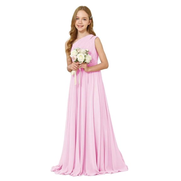 ETHAN Chiffon One Shoulder Bridesmaid Dress for Wedding Floor-Length A-line Junior Girls Party Gowns Pink Size 2