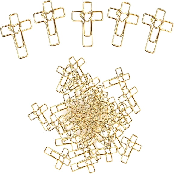 CCOCC 50PCS Gold Heart Cross Paper Clips, Christian Gifts for Women Jesus Bible Stuff Bookmark Journaling Supplies Accessories, Easter Eggs Fillers, Valentines Day Cards Teacher Gifts