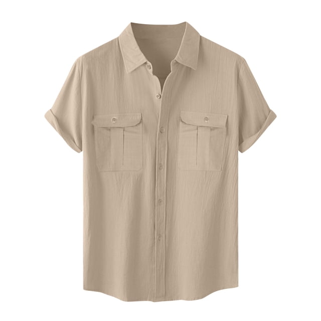 Mens Faux Linen Shirt Button Down Short Sleeve Lapel Blouses Summer Work Dress Tops with 2 Chest Pockets