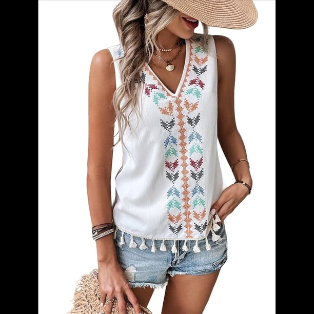 Camiseta Sin Mangas Informal con Cuello en V, Bordada y Estampado Gráfico para Mujer, Estilo Bohemio, con Dobladillo con Borlas. XXL