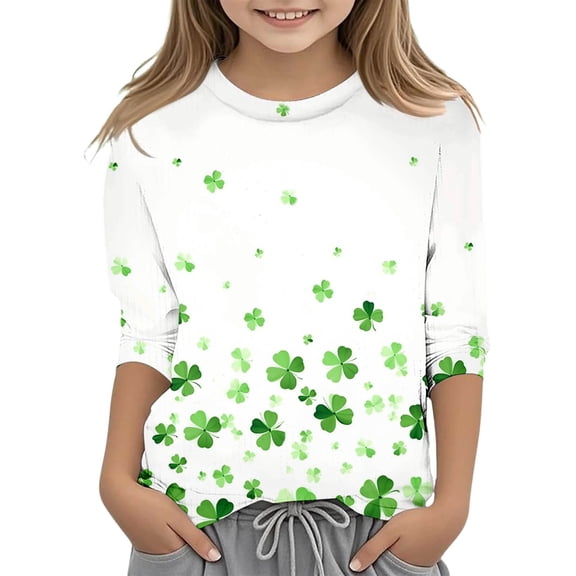 T Shirt,Girls Tops for Girls Graphic St Patricks Day Round Neck 3/4 Sleeve Casual T Shirt Top,Shirt,7-8 Years