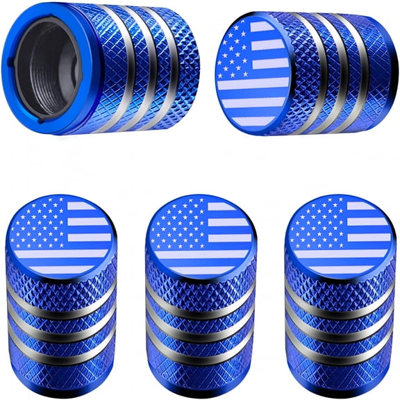RIONIMA Tire Valve Stem Cap Cover - (5 Pack) Tire Air Cap Metal with Plastic Liner Corrosion Resistant Leak-Proof American Flag for Car Truck Motorcycle Bike Blue