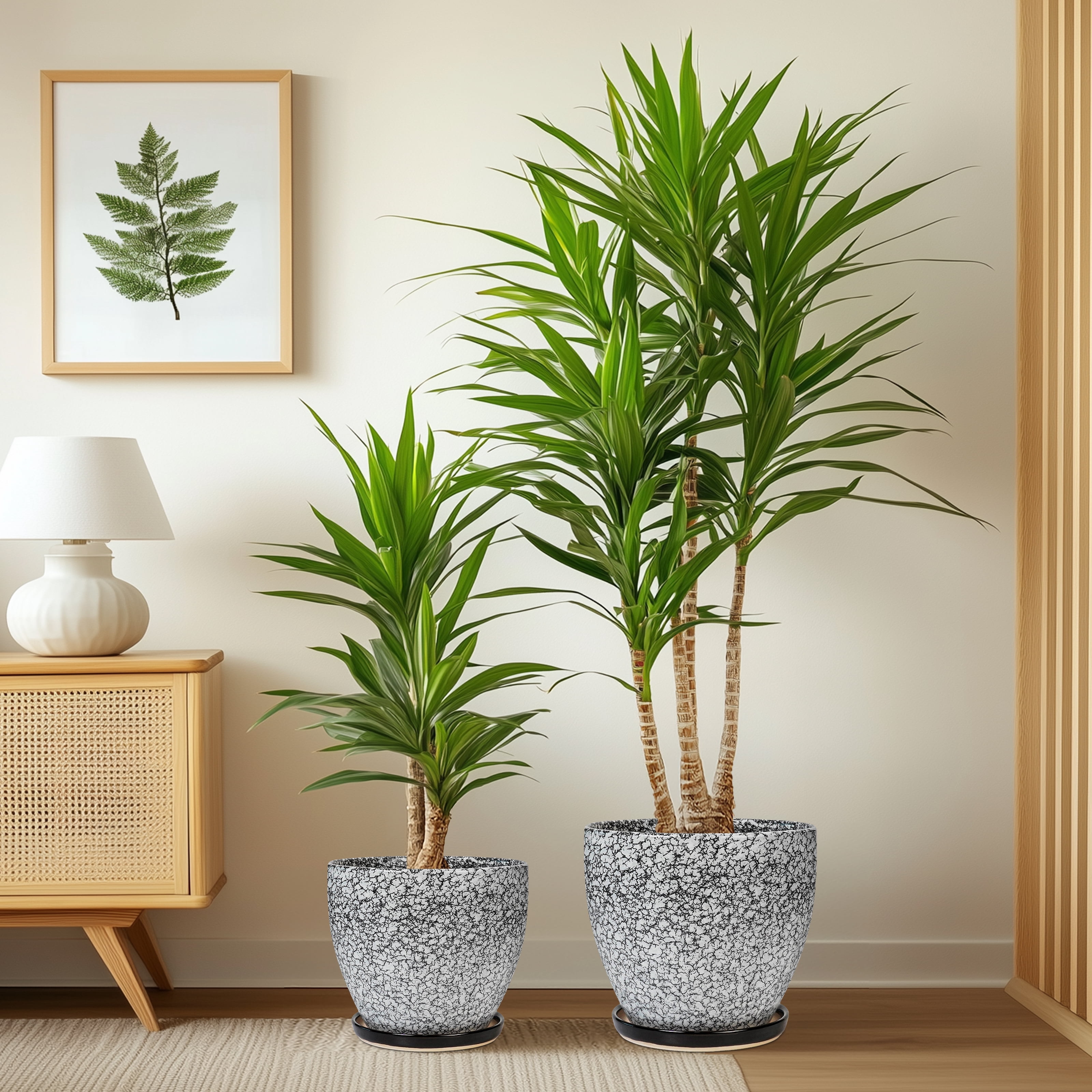 EPFamily 6 8 10 inch Black Ceramic Planter Pots Set of 3 with Drainage Holes and Saucers – Wood Crackle Finish for Indoor Plants, ZZ Plant, Snake Plant, Succulents
