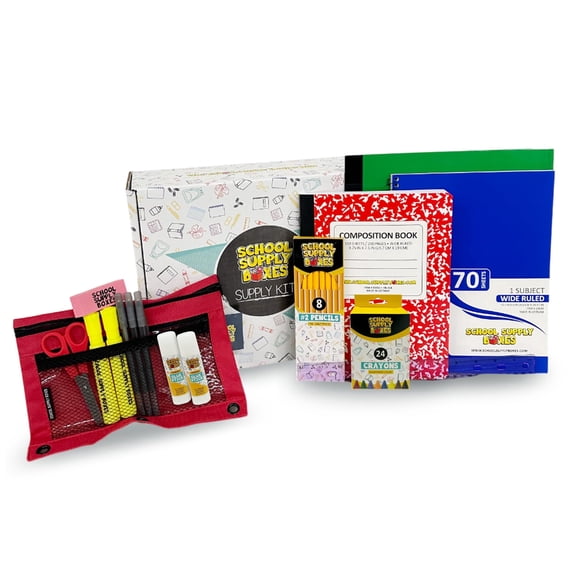 School Supply Boxes | Standard K-8 Bundle (1 Box) | Back to School Essentials Kit for Students & Teachers | Includes Notebooks, Folders, Crayons, Pencils, Erasers, Glue & More