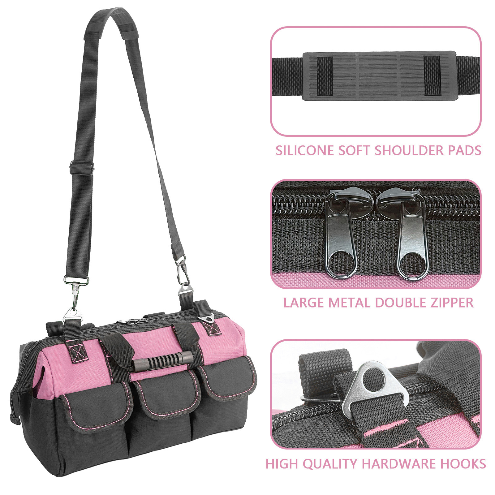 Yongzhenlite Garden Tools Bag, 16 Inch Wide Mouth Tool Tote with Molded Base and Multi-Pockets for Men, Heavy Duty 600D Polyester Fabric (Pink Color)