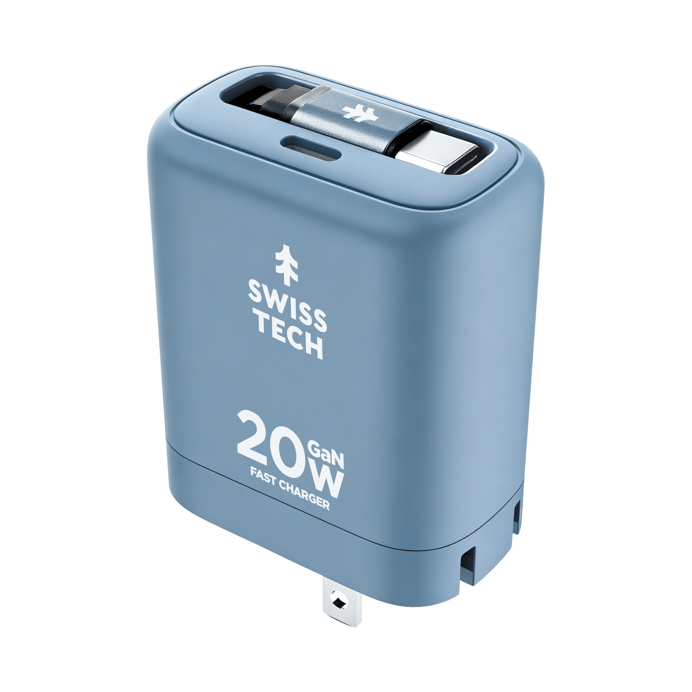 Swiss Tech Mussen 20W USB-C Wall Charger with Retractable Cable, Fast PD Charging, Cresta Blue