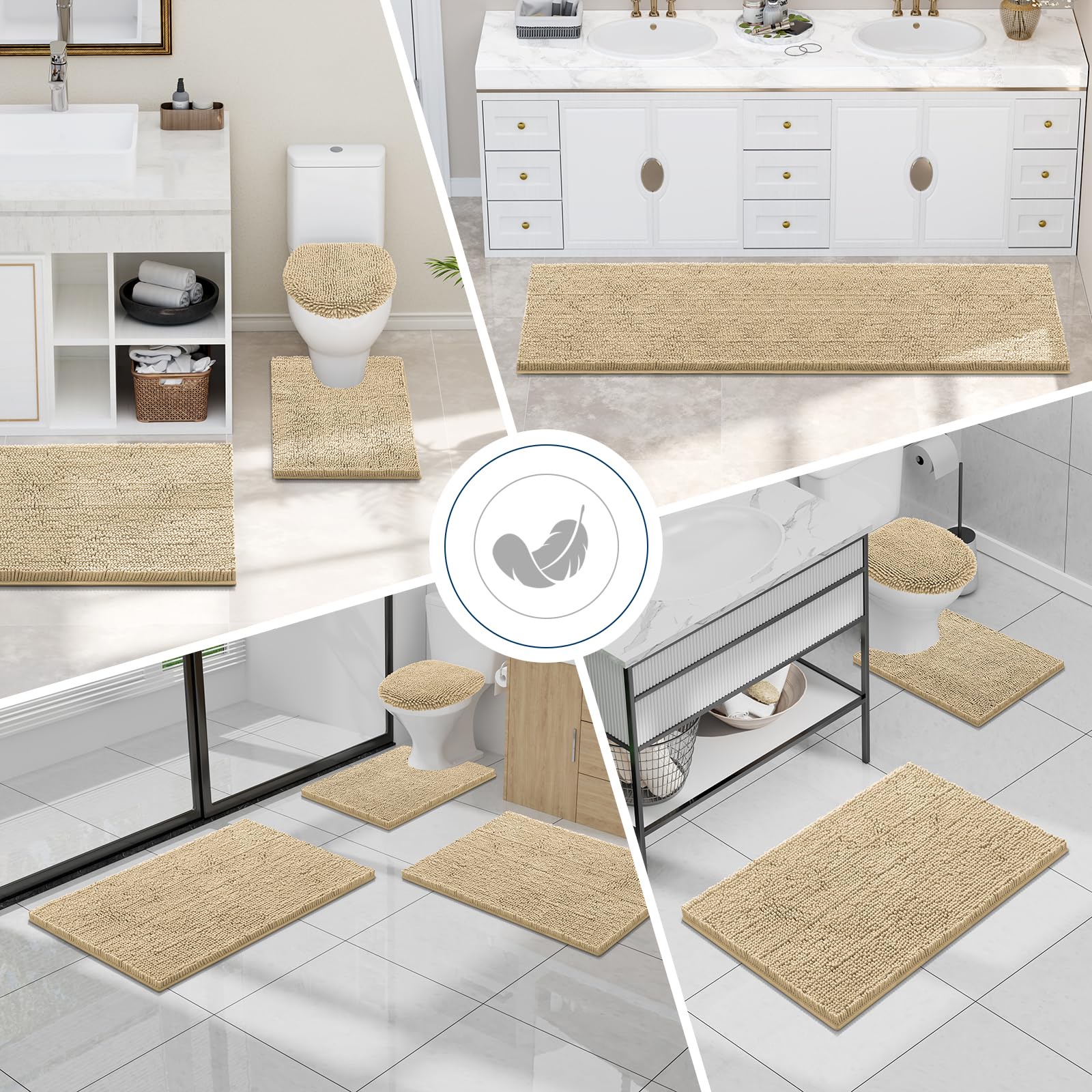 Smiry Bathroom Rugs Sets 2 Piece, Soft Absorbent Chenille Bath Rug Set, Non Slip Machine Washable Shaggy Bath Mats for Tub, Shower, and Floor (30x20+24x16, Beige)